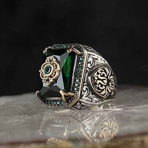 Anéis de casamento anel de sinete turco vintage para homens mulheres prata antiga cor esculpida em águia incrustada de zircão verde locomotiva anéis punk