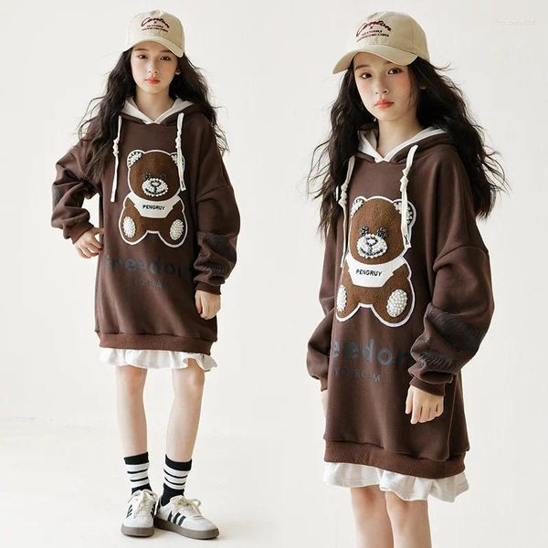 Girl Dresses Korea Spring Autumn School Plus Velvet Featshirt Dress Adolescente Cartoon Cartoon Bear One-Piece Junior