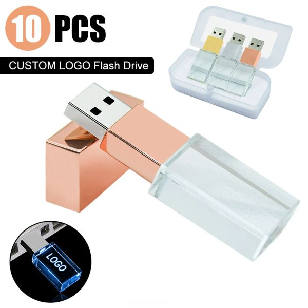Unidades 10pcs /lot cristal USB Stick 3D PRIMAGEM LOGO CUDDADO USB PEN de caneta flash transparente vidro U disco 128 GB 8GB 16GB 32GB 64GB
