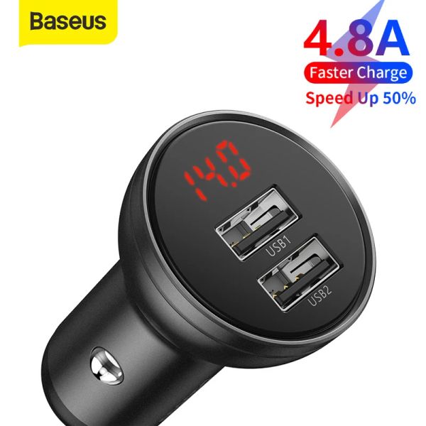 Chargers Baseus 24W USB Car Charger Telefono Caricamento Metal Digital Display 4.8A Accendino per sigaretta per iPhone 14 13 12 Caricatore veloce