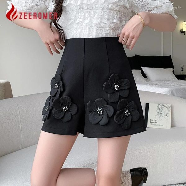 Shorts femininos 2024 Summer High-Gality Temperament Temperament Caustra 3d Decalque Moda Office Lady Loose All Matching Black