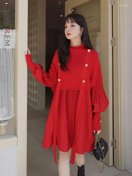 Vestidos casuais vestido vermelho de malha para mulheres botões de mangas compridas costurando roupas femininas soltas e soltas inverno 2da2199