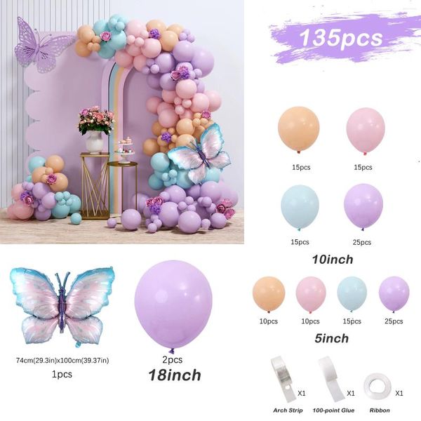 Party -Dekoration 135/148pcs Macaron Pink Purple Schmetterlingsballons Garland Bogen Kit Geburtstag Babyparty Hochzeitsdekor Globos