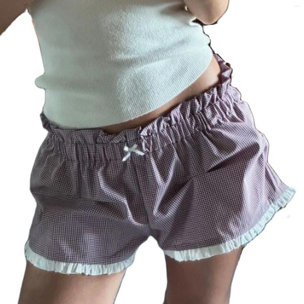 Frauen Shorts American Retro Low Rise Bug Plaid Frauen Sommer Elastic Taille Rüschen Saum weites Bein für Streetwear -Ästhetikkleidung