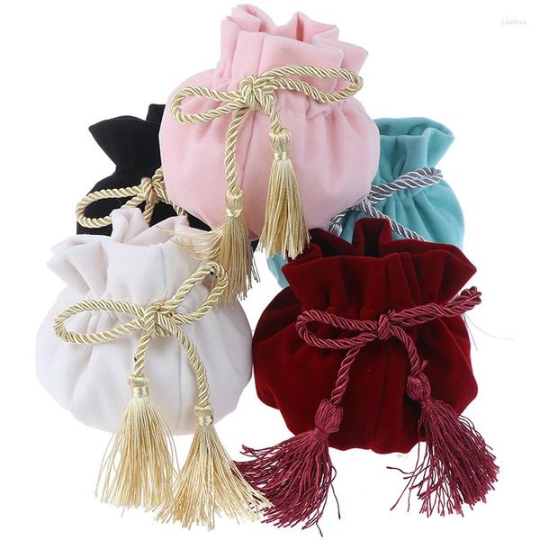 Drawstring 1pcs 12x17cm Gri püskül kadife çantası ile yuvarlak taban mp3 takı ambalaj torbaları hediye paketleme