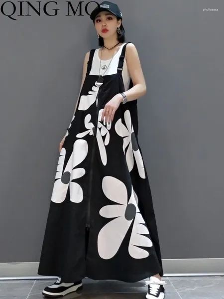 Abiti casual Qing MO 2024 Abito da scottatura estiva Summer Sliose Mid-Lenging Printing Leisure Stender White Black Women ZXF2277