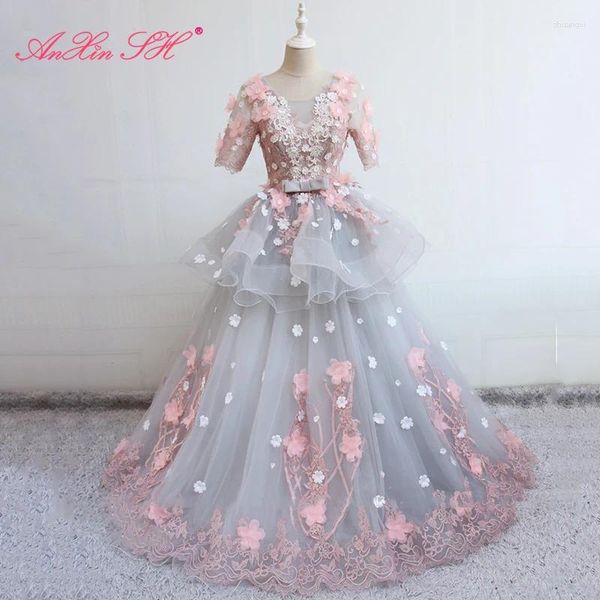 Partykleider Angst SH Prinzessin O Halsgrau Rosa Rosa Blume Abendkleid Vintage Halbärmel Illusion Ballkleid Rüschen Rüschen