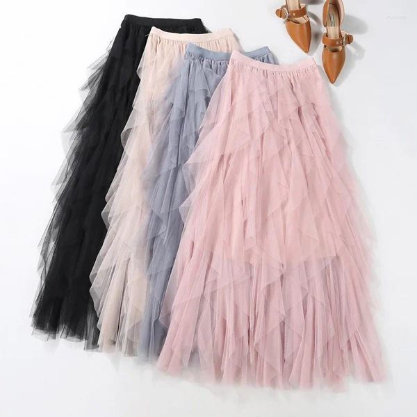 Röcke Depporttown Tutu Tulle Midi Rock Frauen elegante Mode hohe Taille unregelmäßige Falten -Mesh Long Frühlings Sommerparty Frauen