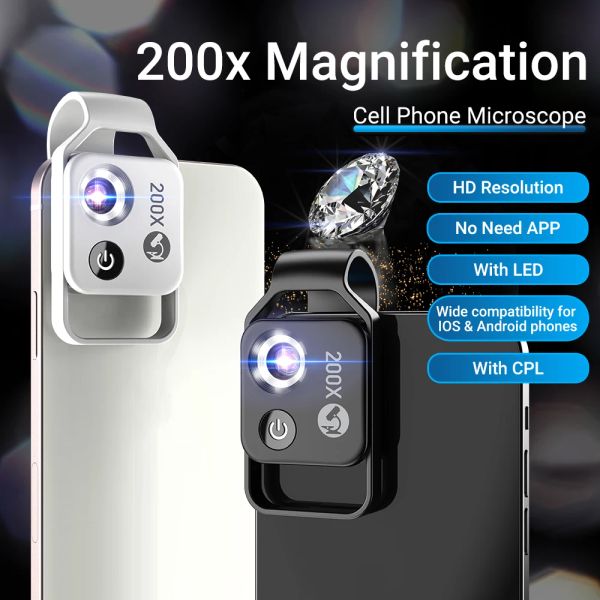 Objektiv Apexel 200x Vergrößerung Mikroskop -Objektiv mit CPL Mobile LED Light Micro -Taschen -Makrolinsen für iPhone Xiaomi Samsung Huawei