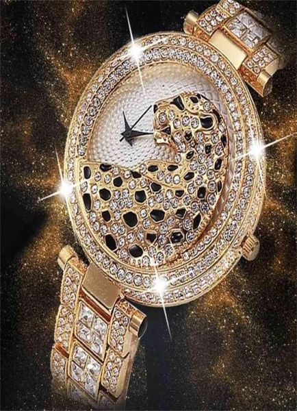 Missfox Fashion Bling Casual Ladies weibliche Quarz -Golduhr Crystal Diamond Leopard für Frauen Uhr 2012166032749