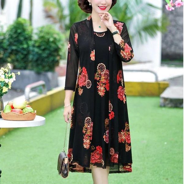 Abiti da lavoro Summer Botod Set Set Women Round Neck Casual Casual Sleeveless Midi Abito e tre quarti eleganti scialle di stampa vintage