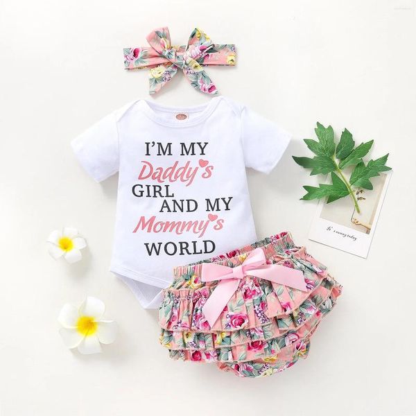 Kleidungssets Daddys Girl Mommys World Print Kurzarm Strampler gekräuselt Blumenblüter Shorts mit Stirnband -Set für Babykleidung