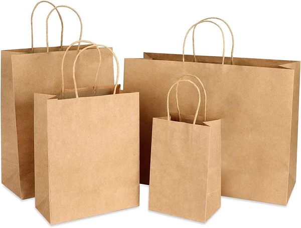 10/20/25/30/50/100pcs Kraft Paper Gift Sacos com Handles Shopping Carry Craft Brown White Bag Diy Bag Party Supplies Festive 240419