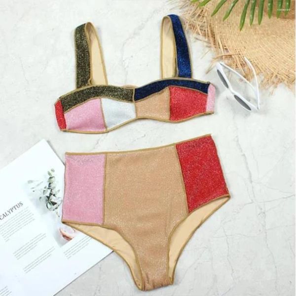 Mulheres femininas Mulheres de duas peças Bikinis Fashion Color Block High Swimsuit Push Up Up Bandeau Triângulo Vintage Bathing