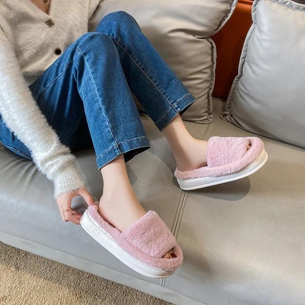 Slippers Ladies Shoes 2024 Fashion Winter Flat Flat Big Size Flops Plush Massage Основные повседневные женщины сплошные