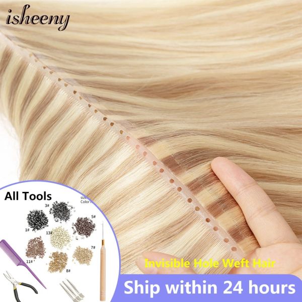 Schuss Isheeny Real Natural puoch Schuss menschliches Haar Erweiterungen 16 Zoll blonde durch Zwillingstabs Schusshaar mit Werkzeugen 3540g