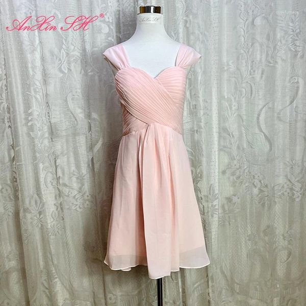 Partykleider Angst SH Pink Chiffon Kurzes Reißverschluss Abendkleid Vintage Prinzessin Spaghetti -Riemen eine Linie Brautjungfer kleines Schwarz