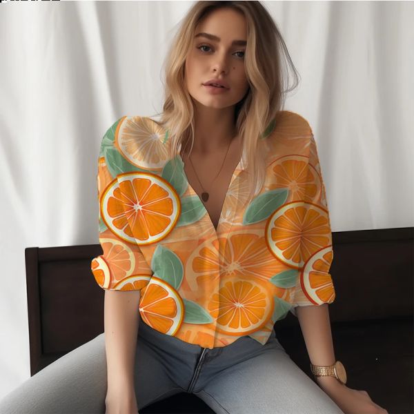 Camisa nova camisa de camisa frutas laranja 3d impressão camisa de lazer de lazer camisa de moda feminina