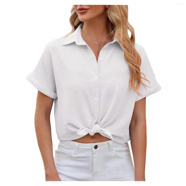 Blouses feminina Solid Color T-shirt lapela de manga curta com camisa de chiffon solta de borda laminada camisa de chiffon verão camisetas simples