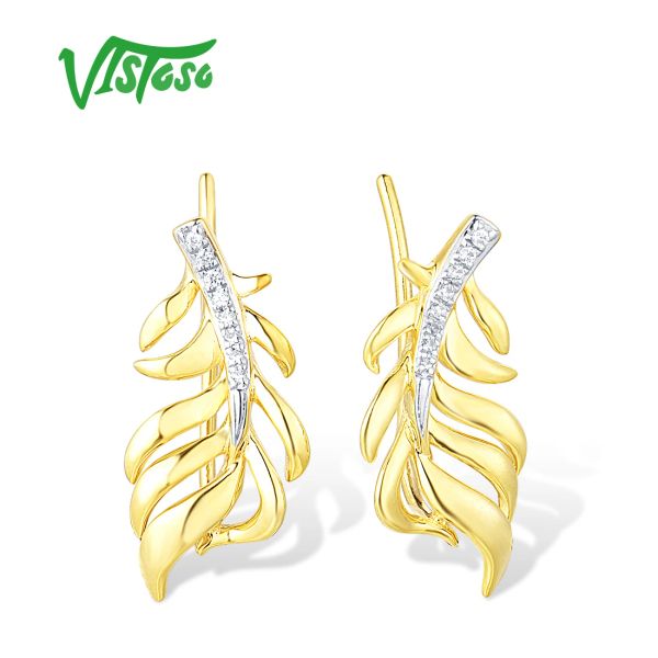 Orecchini VISTOSO 14K 585 Orecchini a clip in oro giallo per donne foglie di pianta di diamanti foglie di diamante.