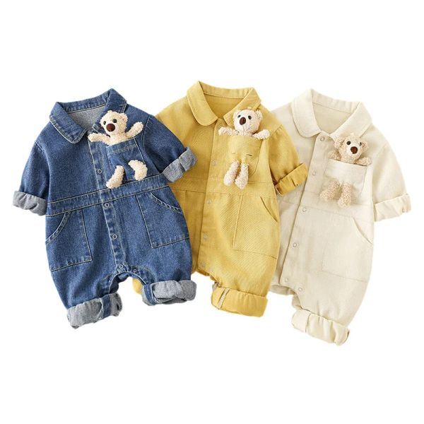 Tek parça sonbahar kot bebek tulumları sevimli cep ayı romper kızlar için kızlar yeni doğan tulumlar Koreli Toddler onesie bahar çocuk giyim