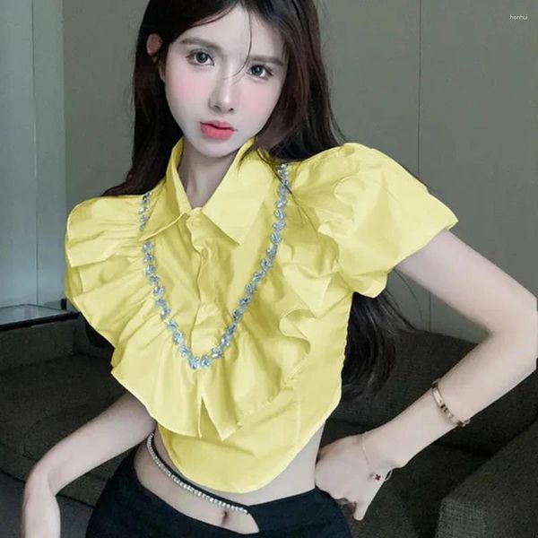 Blouses feminina Sweet Rufflesd Diamond Shirt Fishies Fashion Manga curta Manga preta Black Blouse Blouse Preta Top 2024 Summer