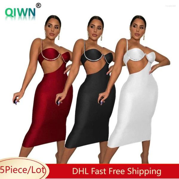 Lässige Kleider 5 Sets Großhandel Frauen Abendkleid sexy Spaghetti -Gurt hohl aus mit Diamond Sommer eleganter Partyscheide 7669