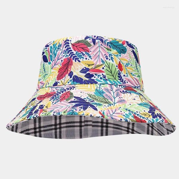 Boinas 2024 Four Seasons Polyester Print Bucket Hat Hat ao ar livre Capas solares para mulheres 02