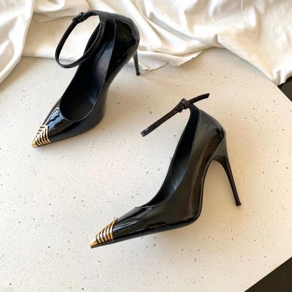 Elbise ayakkabıları sıradan tasarımcı kadınlar siyah gerçek deri sivri ayak parmağı strappy stiletto striptizci yüksek topuklular zapatos mujer balo akşam