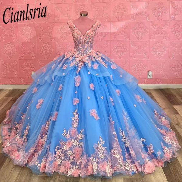 Sky Blue Princess Quinceanera платья розовые кружевные аппликации Corset Up Ball Gown Sweet 16 17 День рождения vestidos de 15