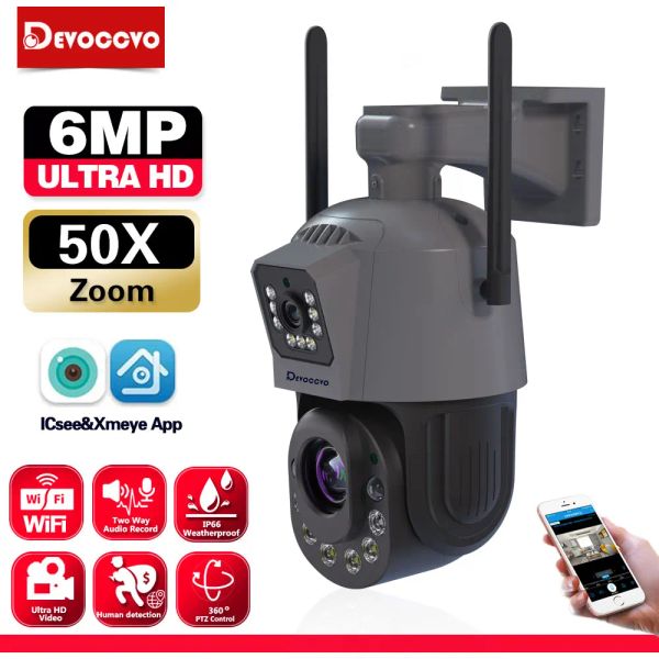 Камеры 6MP Wi -Fi PTZ IP -камера на открытом воздухе двойной линз двойной экран 50x 30x Zoom Detection Detection Беспроводное видеонаблюдение камера здравоохранения 2k 2K