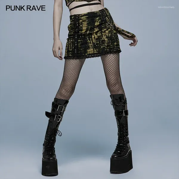 Gonne punk rave femminile decadente decadente texture a maglia fori rotti gonna sexy mini decorazione di decalcomanie in croce giallo nero