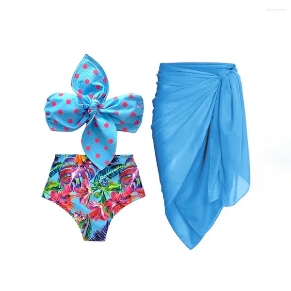 Menas de banho feminina Swimsuites 2024 Mulher azul Floral Print Beach Bikini Set Princip