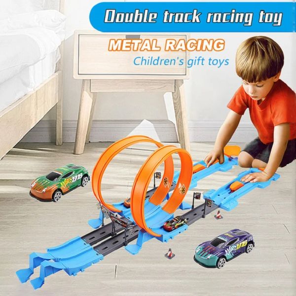 Autos Hot Stunt Speed Doppelauto -Räder Modell Rennstrecke DIY versammelten Bahn Kits Katapult Rail Car Racing Boy Toys for Children Geschenk