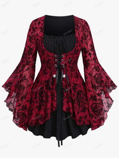 Rosegal Plus-Size-T-Shirts Gothic Flocking Cross Flower Muster Mesh Panel Schnüre-up-Frauen Herbst Winterglockenhülse T-Shirts 5xl 240416