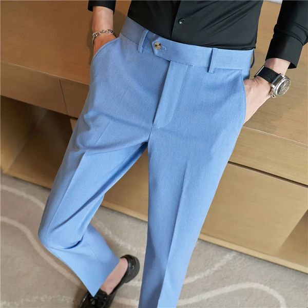 Herbst Männer blaue Anzug Hosen lässig elastische Schlelle Fit formale Kleid weiße Hose Pantalon Homme Hochzeitsfeier Männer Kleidung 240412