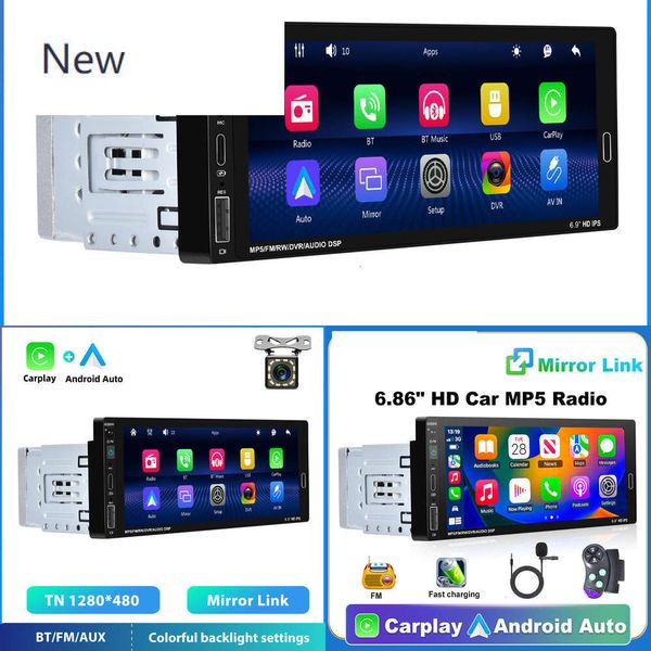 Новый 1 1 -й Din CarPlay/Auto Car MP5 HD сенсорный экран с экраном с поддержкой Bluetooth FM Radio Pretiver