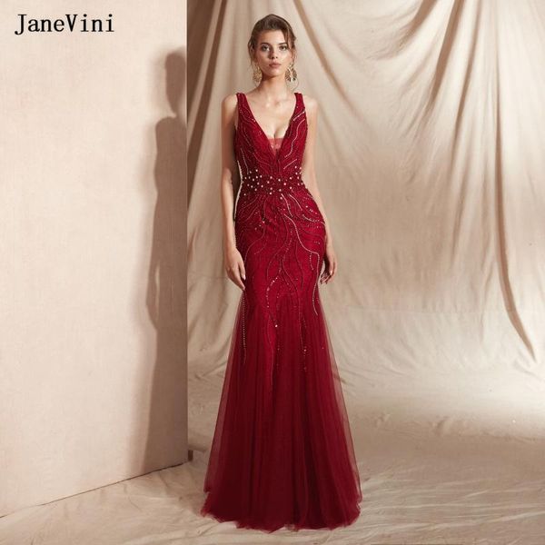 Vestidos de festa Janevini Sparkly Crystal Badyd Dubai Borgonha Night 2024 Deep V pescoço Mulheres Senhoras Sereia Sereia