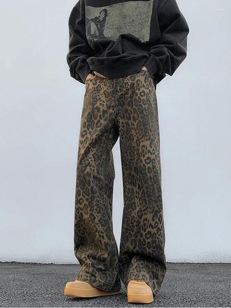 Jeans maschile y2k leopard stampato donna ad alta vita con pantaloni di jeans gamba larghi ad alta vita