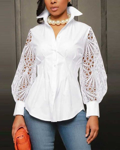 Kadın T-shirt 2024 Bahar Beyaz Bluz Kadın Fener Sleeve Şezlesi Nakış Üst Seksi Dantel İçi Boş Çıkış Vintage Düğme Up Gömlek Üstler 240423