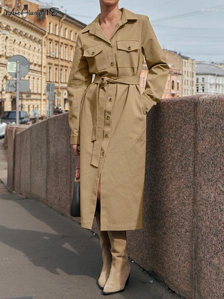 Lässige Kleider Khaki Elegante Frauen Hemden Langes Kleid Schnürschnüre Taschenknopf Büro Damen Ärmel Midi Spring