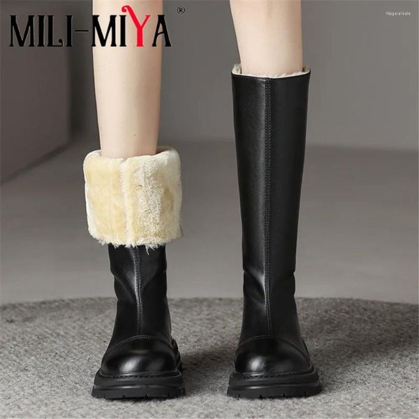 Botas mili-miya design conciso cor sólida feminina couro de vaca mid bezerro neve redondo os saltos grossos escorregando no quente e no inverno sapatos de inverno