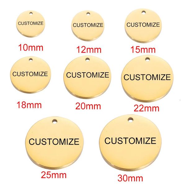 20pcs Özel Sipariş Lazer Gravüred Paslanmaz Çelik Takılar Kişiselleştirilmiş Yuvarlak Yuvarlak Yuvarlak Disk Takı Etiketleri Birçok Boyut 240419