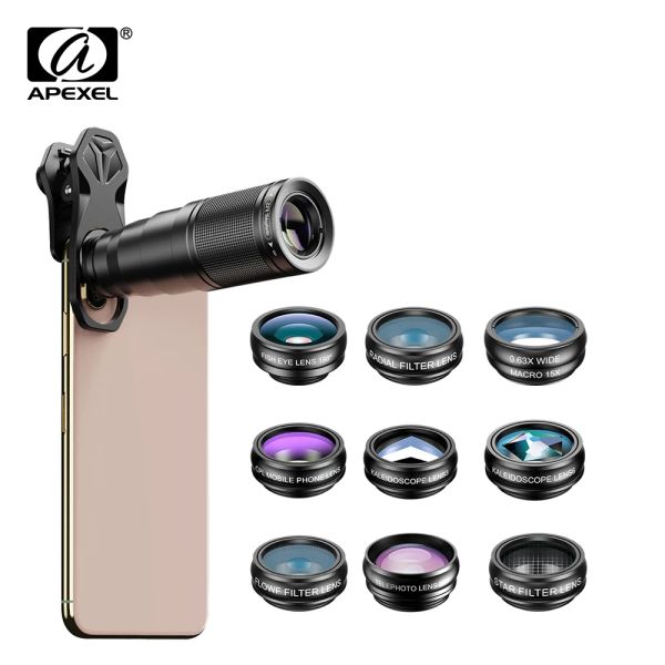 Filter Apexel 10 in 1 Handy -Objektivkit 22x Teleye Fisheye Objektivweitwinkel Makrolinse+CPL -Stern -Flow -Filter für alle Smartphones