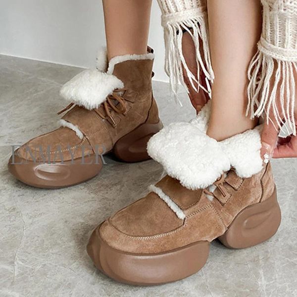 Botas enmayer women neve de couro real pêlo espesso quente sapatos de inverno woman moda diariamente club de tornozelo tamanho 33-40