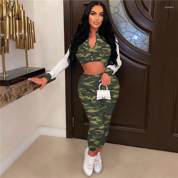 Zweiteilige Hosen der Frauen Vazn 2024 Mode Frauen Street Casual Style Sets Langarm Single Breasted Top Elastic Lady Camouflage 2 Set