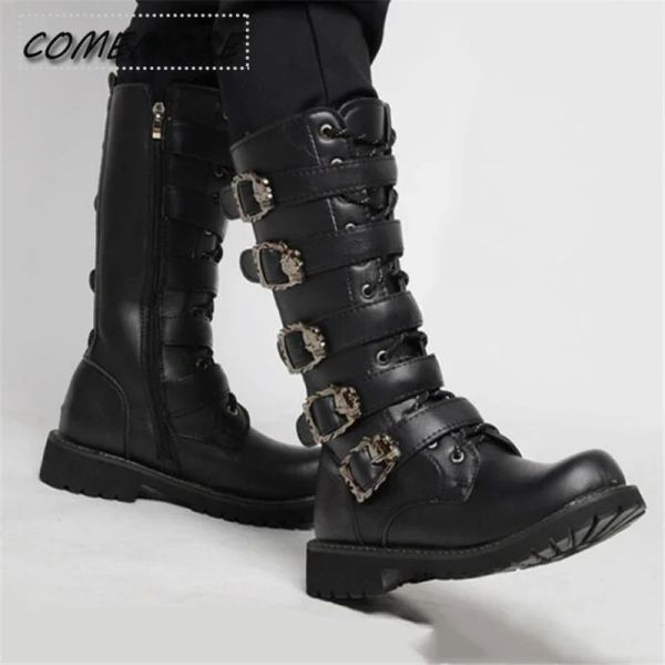 botas de couro masculino botas de motocicleta de meia -calfe de combate militar botas góticas botas punk sapatos táticos do exército