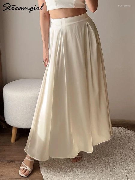 Röcke Streamgirl Satin Long eine Linie für Frauen hohe taillierte elegante schwarze Maxi -Rock -Seidenbüro Beige Beige