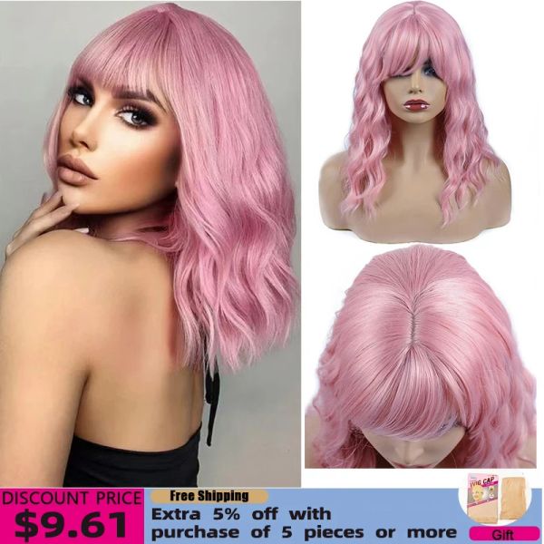 Perucas curtas bob wavy perucas rosa com franja cabelos naturais comprimento sintético da peruca diariamente use resistente ao calor