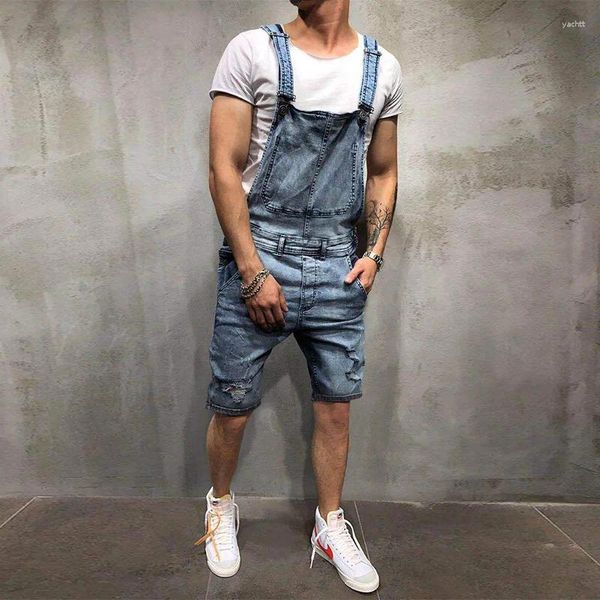 Herren Jeans Herren -Suspender Denim Jumpsuit Mode Löcher Shorts Overalls Knielänge Ladering Cargo Hosen